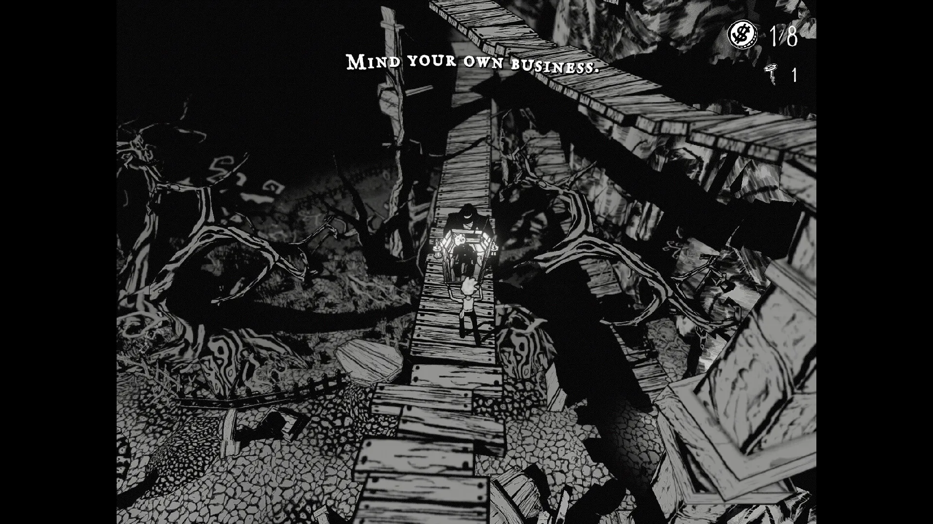 The Hilltop Funeral: Two pallbearers navigate a narrow wooden bridge in a dark, eerie cemetery setting.
