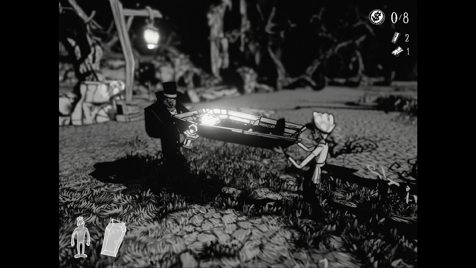 The Hilltop Funeral: Two pallbearers carry a casket through a dimly lit cemetery under a lantern.