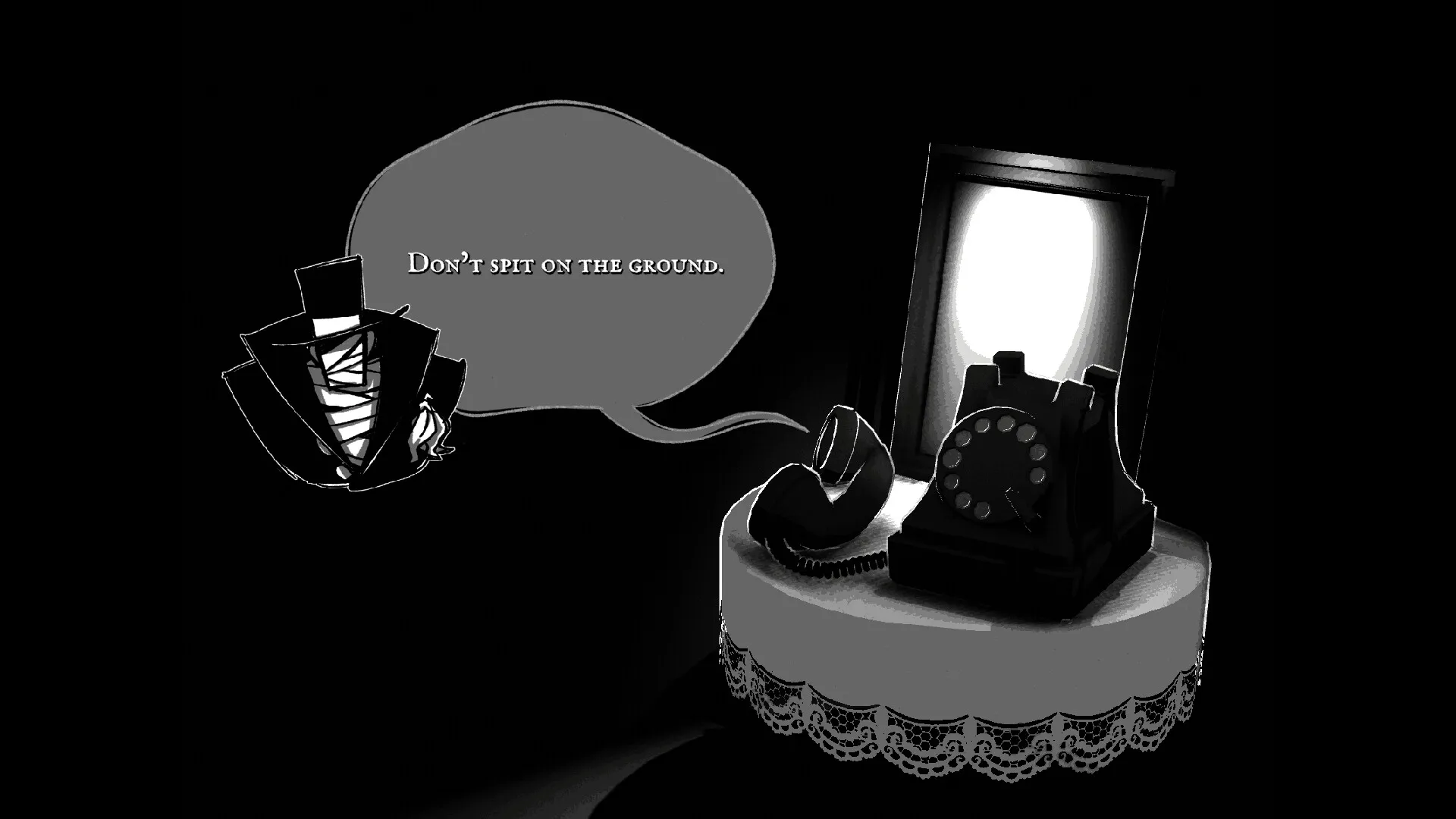 The Hilltop Funeral: Dialogue with ghostly figure and antique phone on lace-covered table