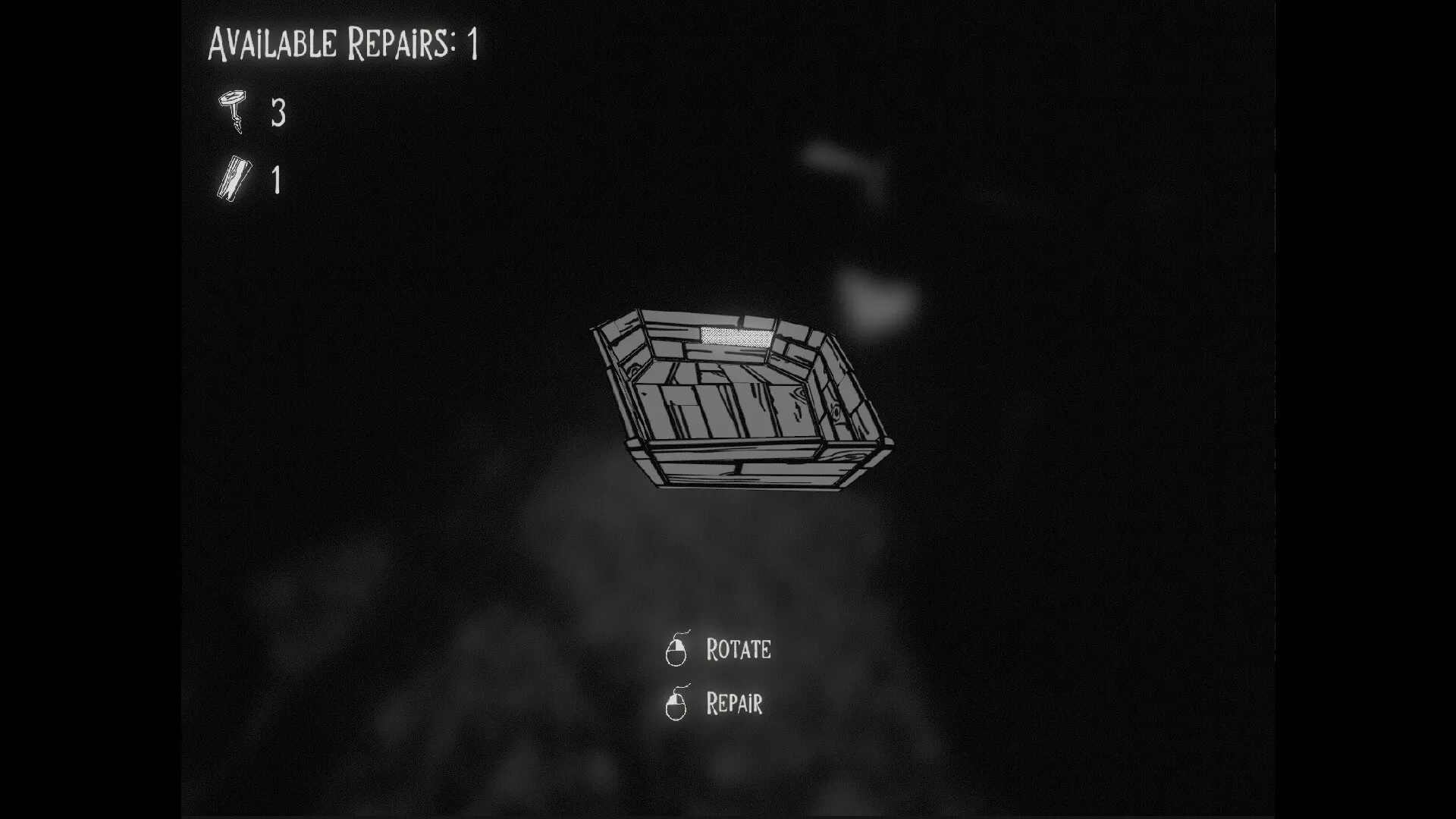 The Hilltop Funeral: Repair menu with a wooden object, showing keys, planks, rotate and repair options.