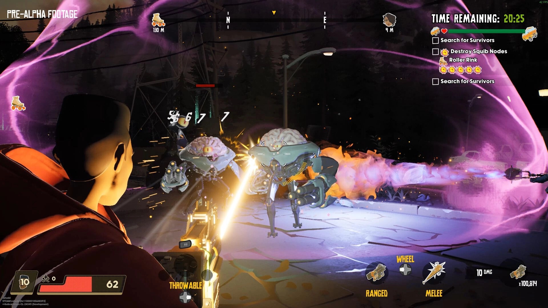 The Holdouts: Player fights brain-like robots with laser gun in dark forest, UI shows health and tasks.