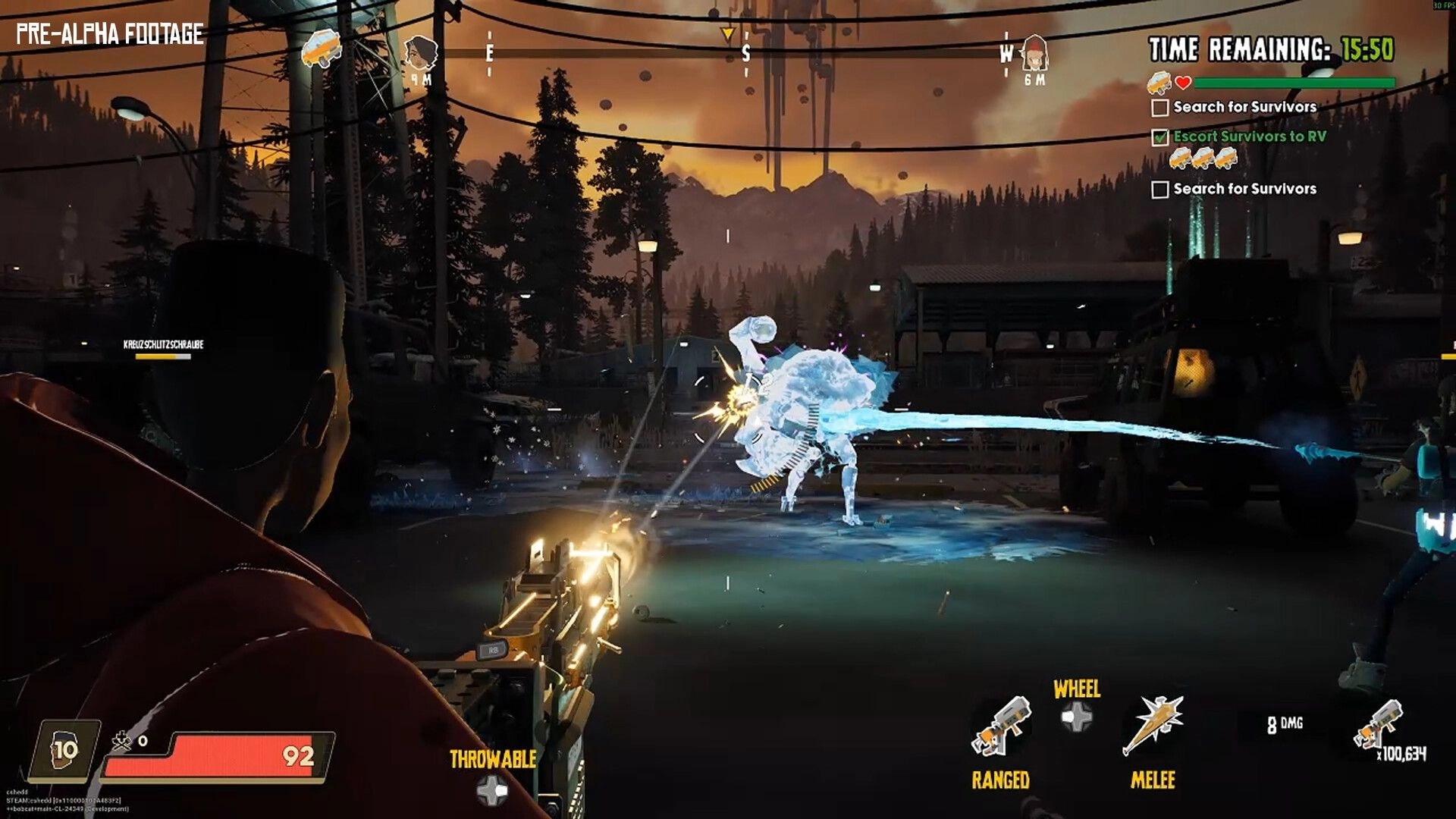 The Holdouts: Player fires at ice creature in dark forest town with task list and timer on screen