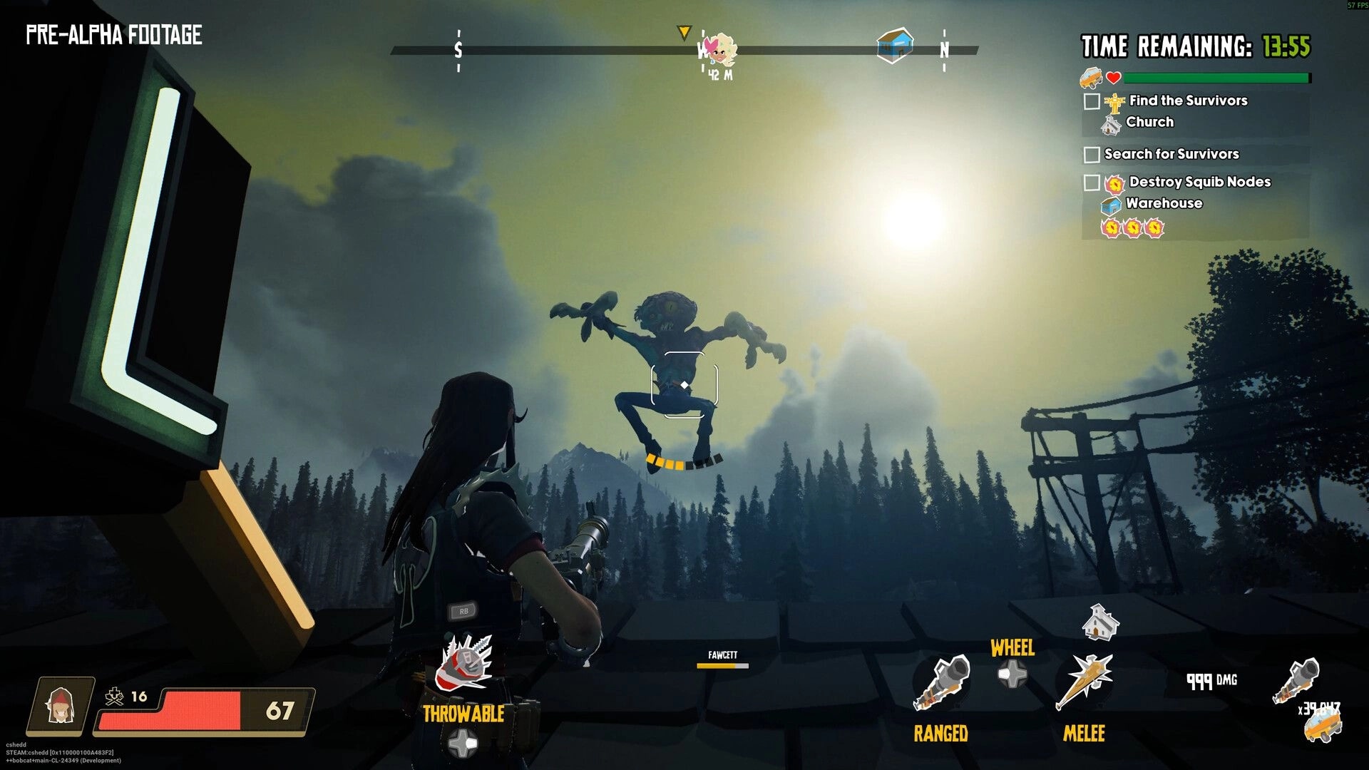 The Holdouts: Player aims at a leaping creature in a forested area with mission tasks on the right screen.