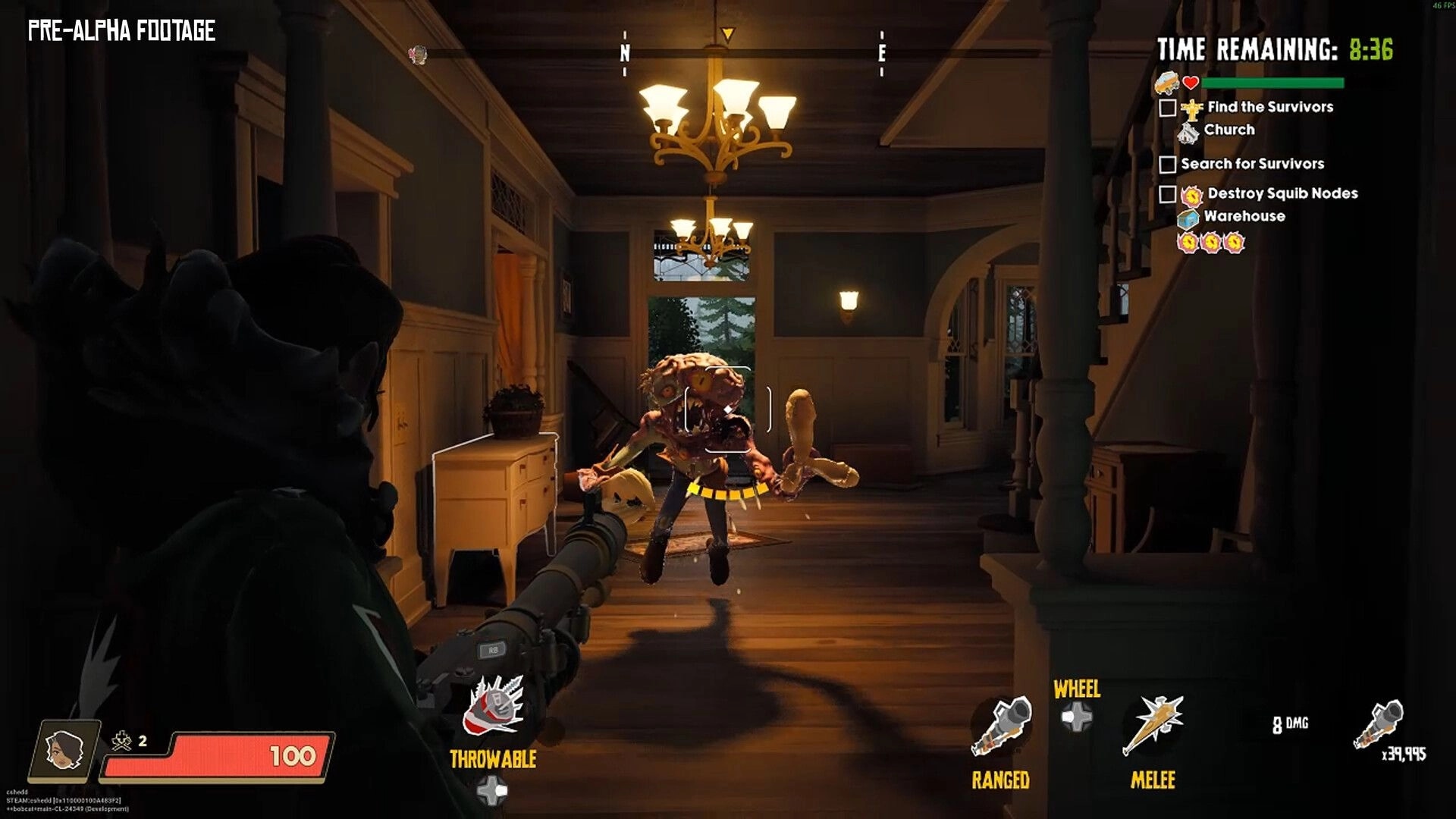 The Holdouts: Player aims at a creature in a dimly lit hallway with objectives and timer displayed.