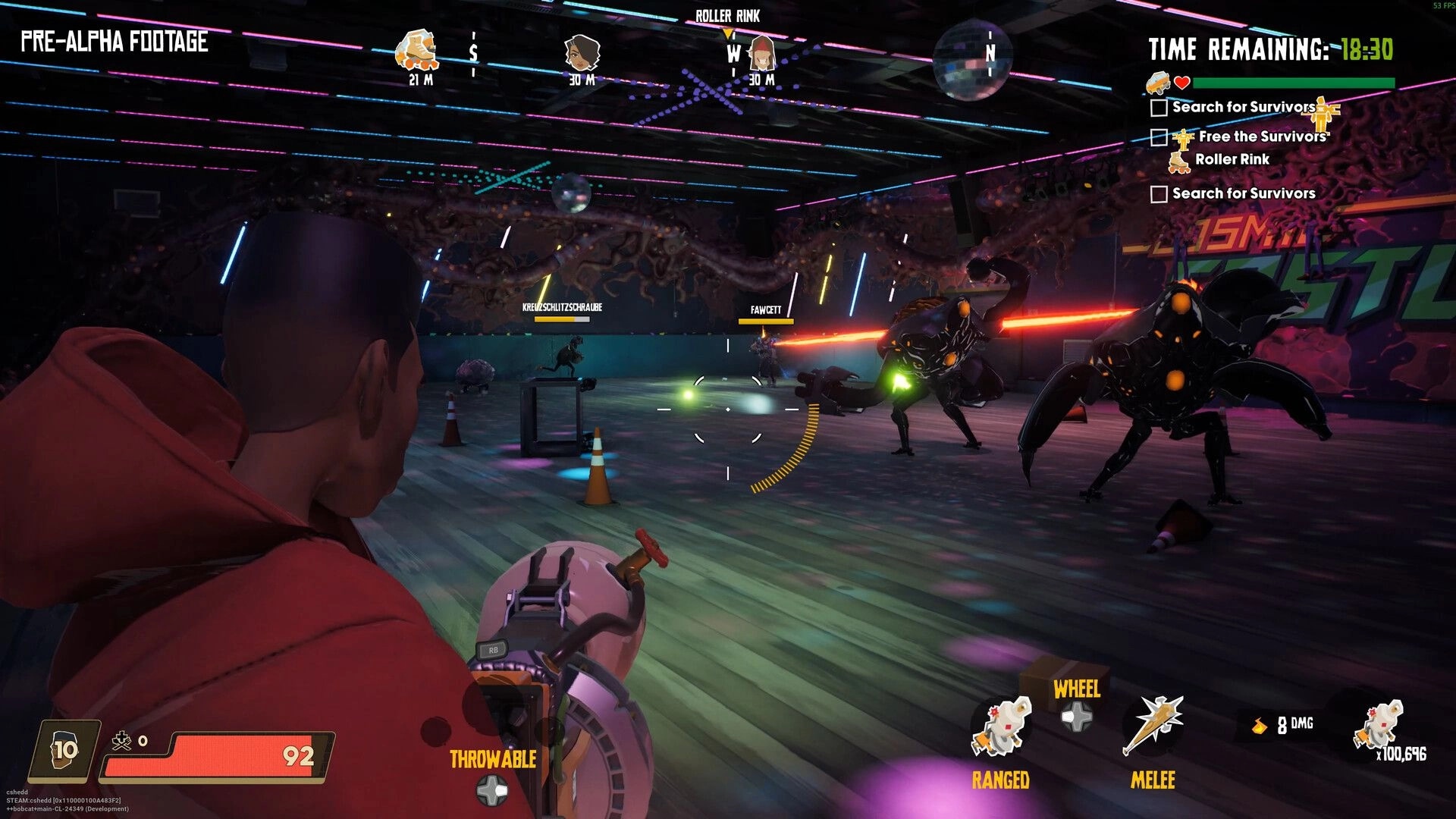The Holdouts: Player aiming laser gun at alien enemies in a neon-lit roller rink environment.