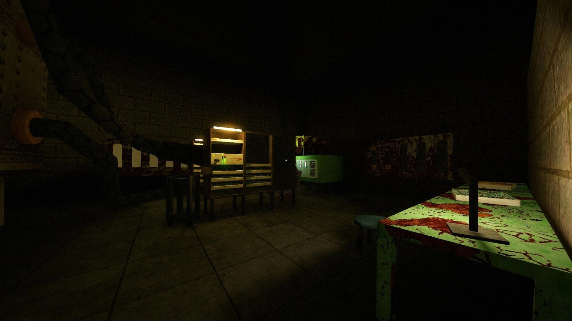 The Hollowing: Flashlight view of a grimy maintenance room with pipes, consoles, and stained tables.