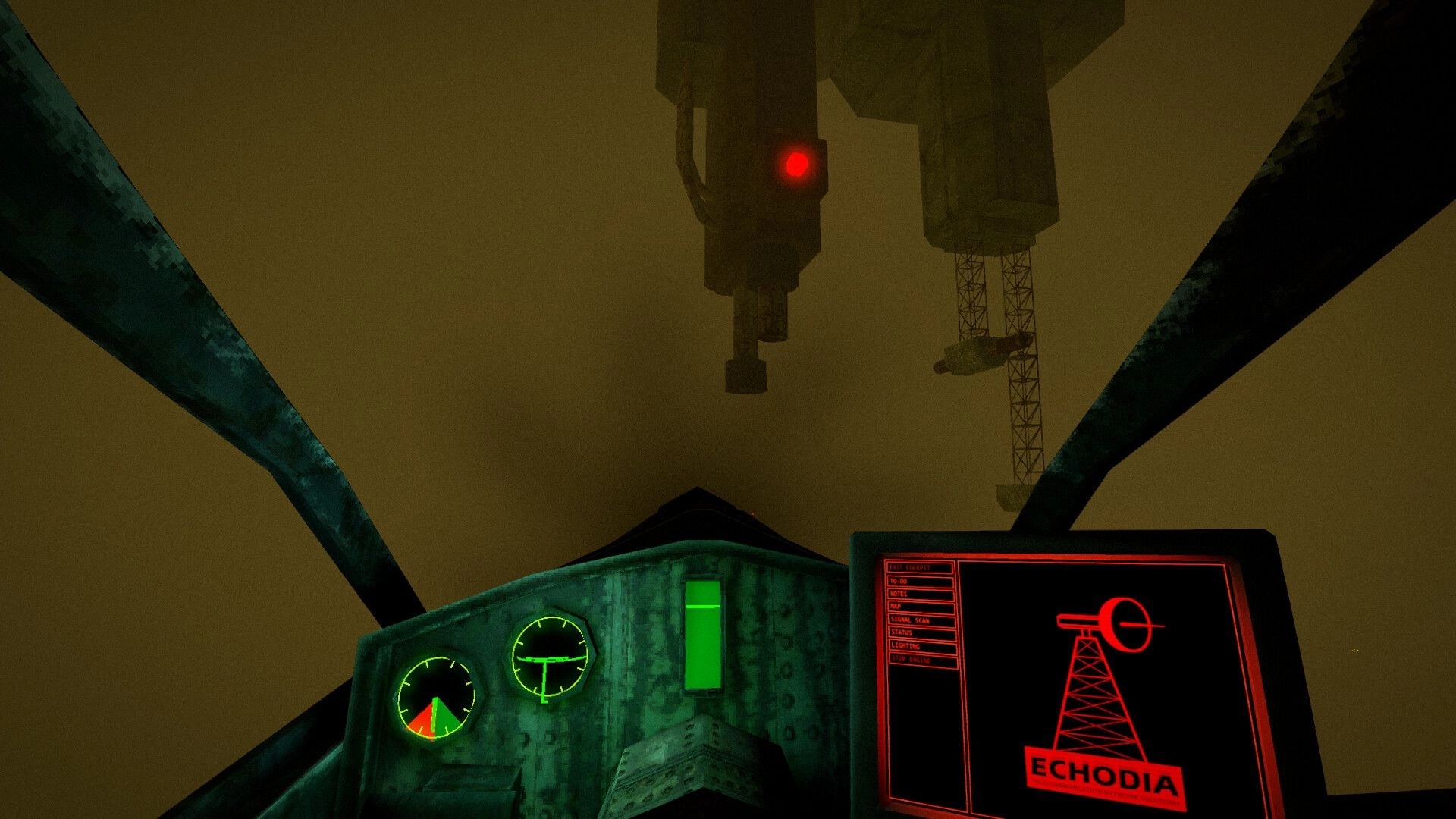 The Hollowing: Cockpit view approaching a red-lit comms tower in thick fog, radar screen glowing red.