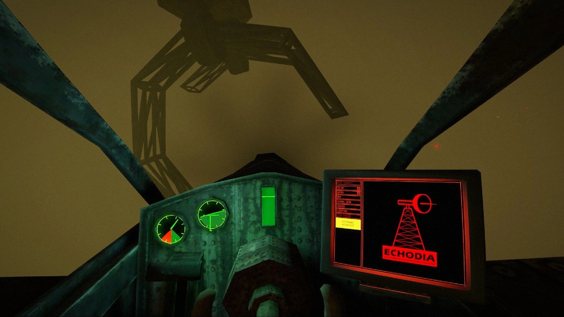 The Hollowing: Cockpit view with green gauges and ECHODIA monitor flying through foggy metal tower frame.