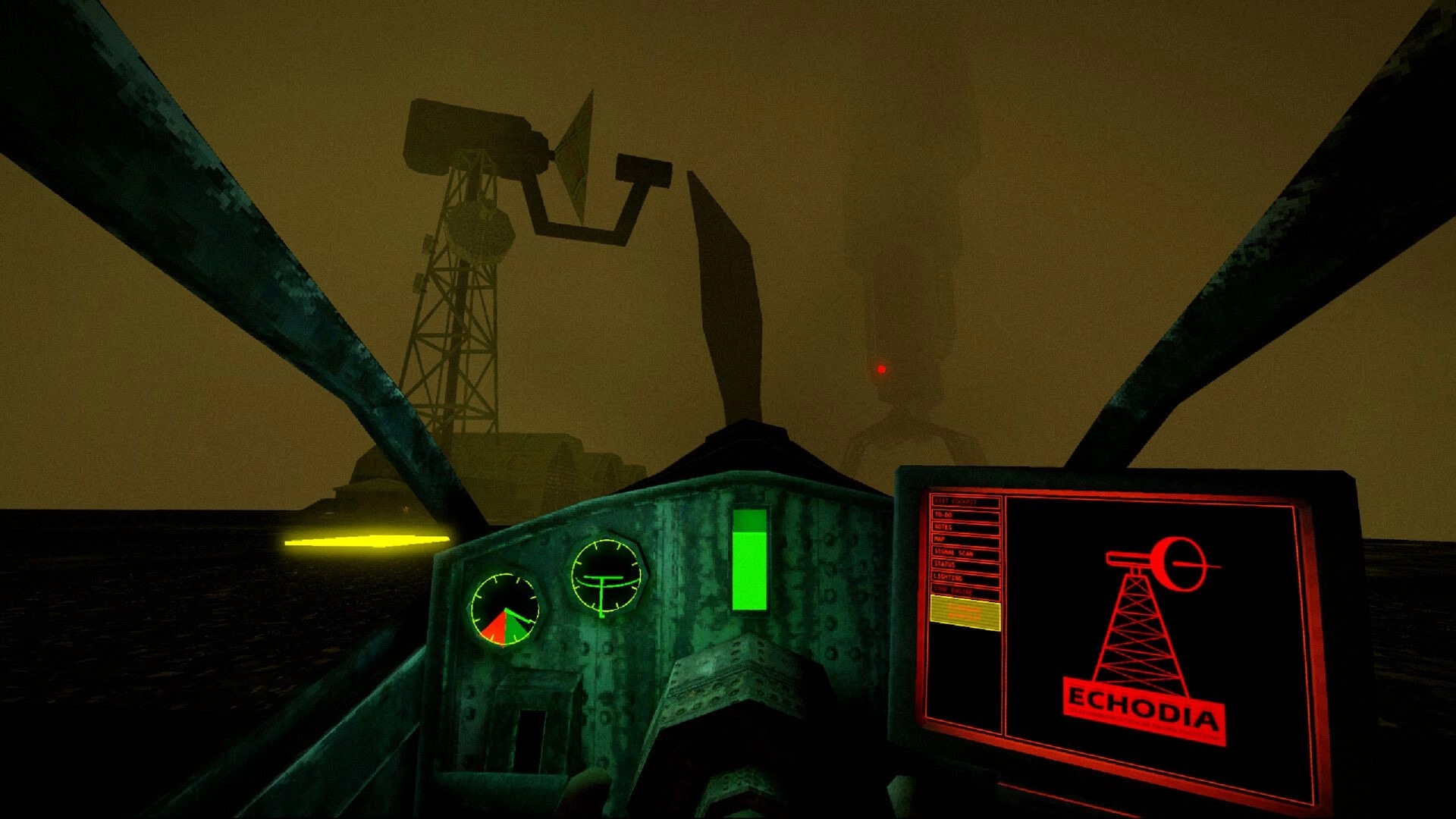 The Hollowing: Cockpit view approaching a foggy comms tower, green gauges and red radar screen UI visible.