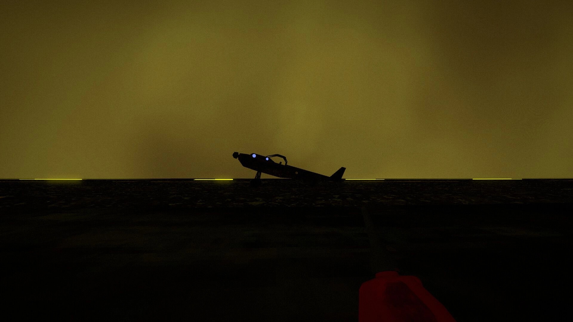 The Hollowing: Small plane with glowing lights parked on a dark runway under a hazy yellow sky.