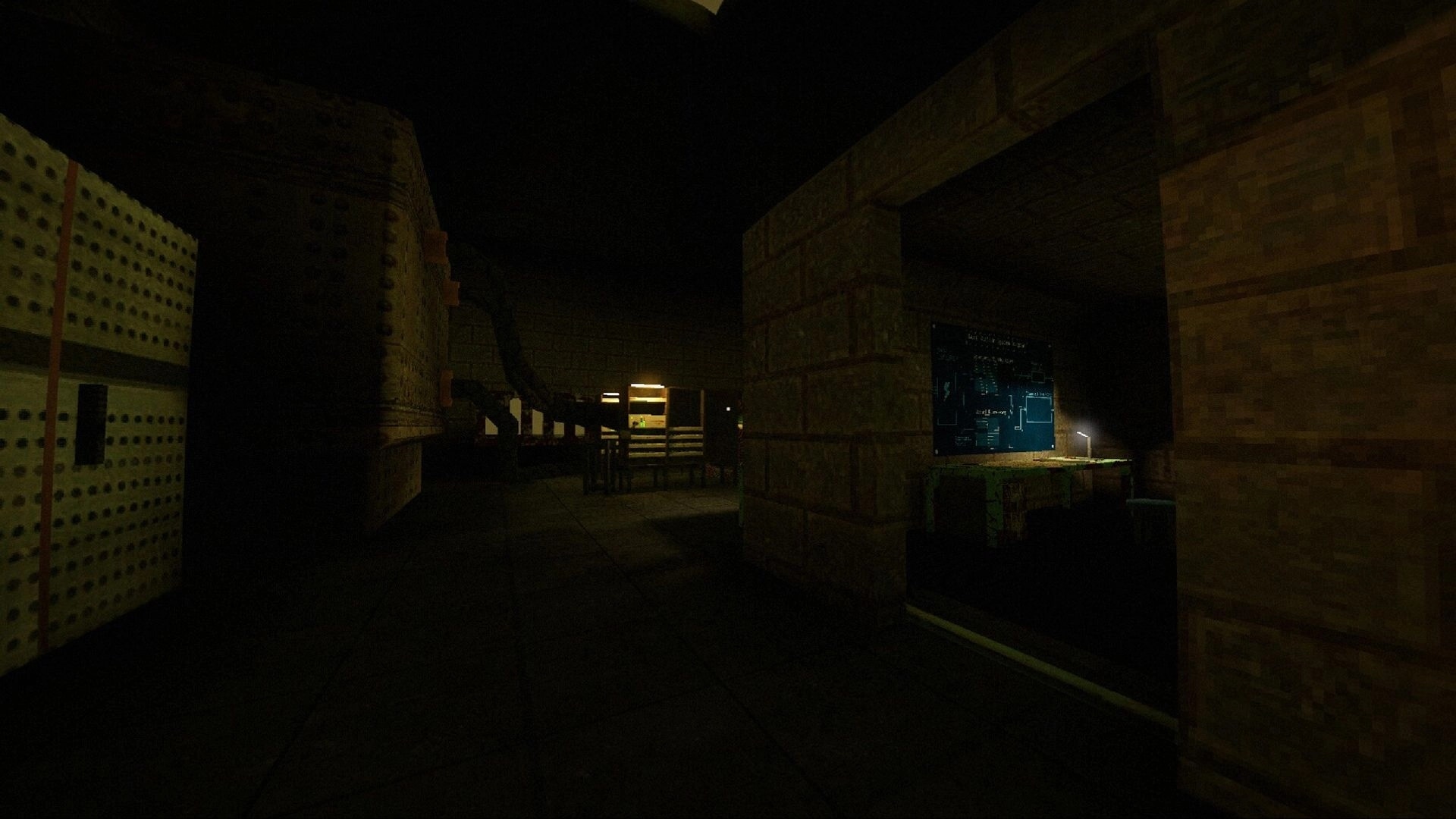 The Hollowing: Walking through a dim industrial corridor past crates and a glowing control monitor station.