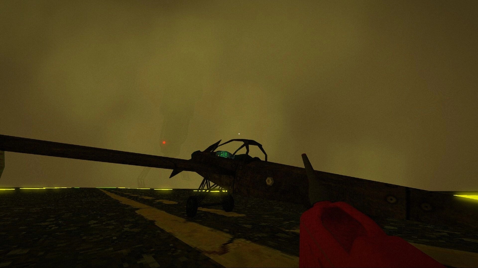 The Hollowing: First-person view of a small plane on a dim runway under thick yellow fog.