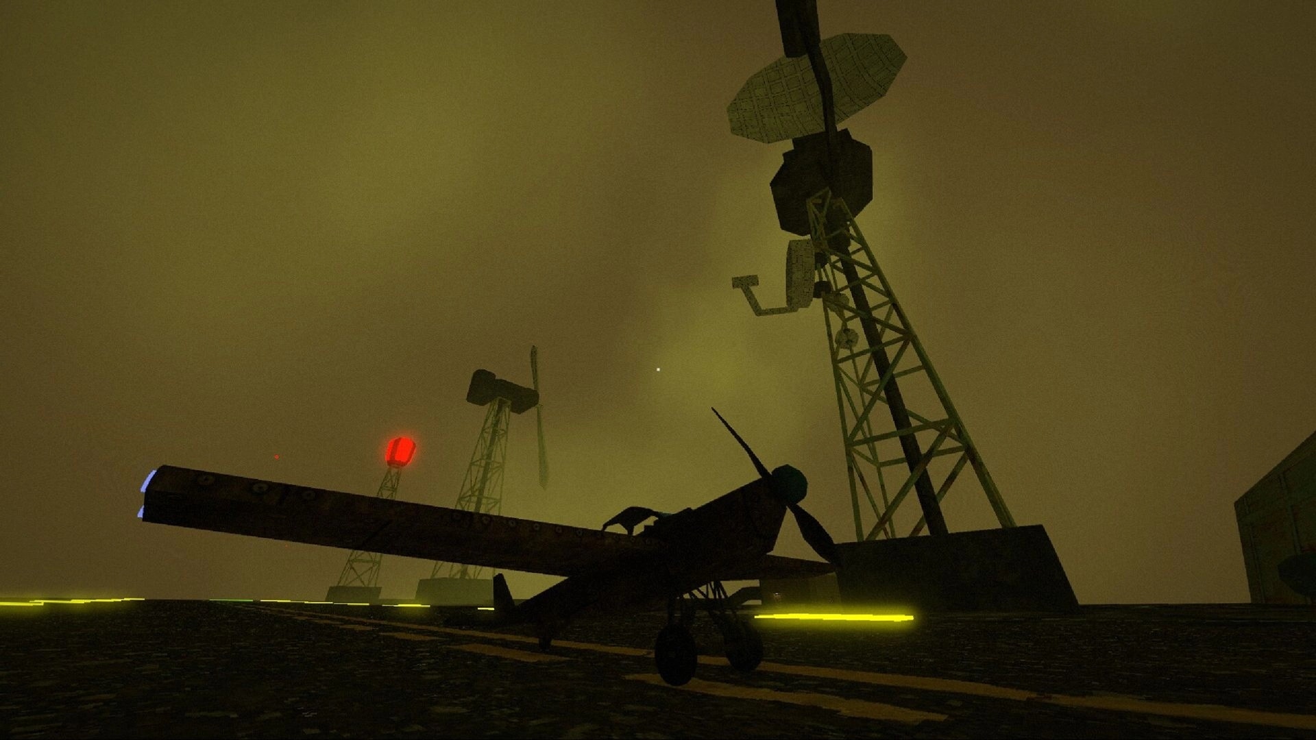 The Hollowing: Small prop plane parked on a wet runway beneath looming radio towers in thick fog.