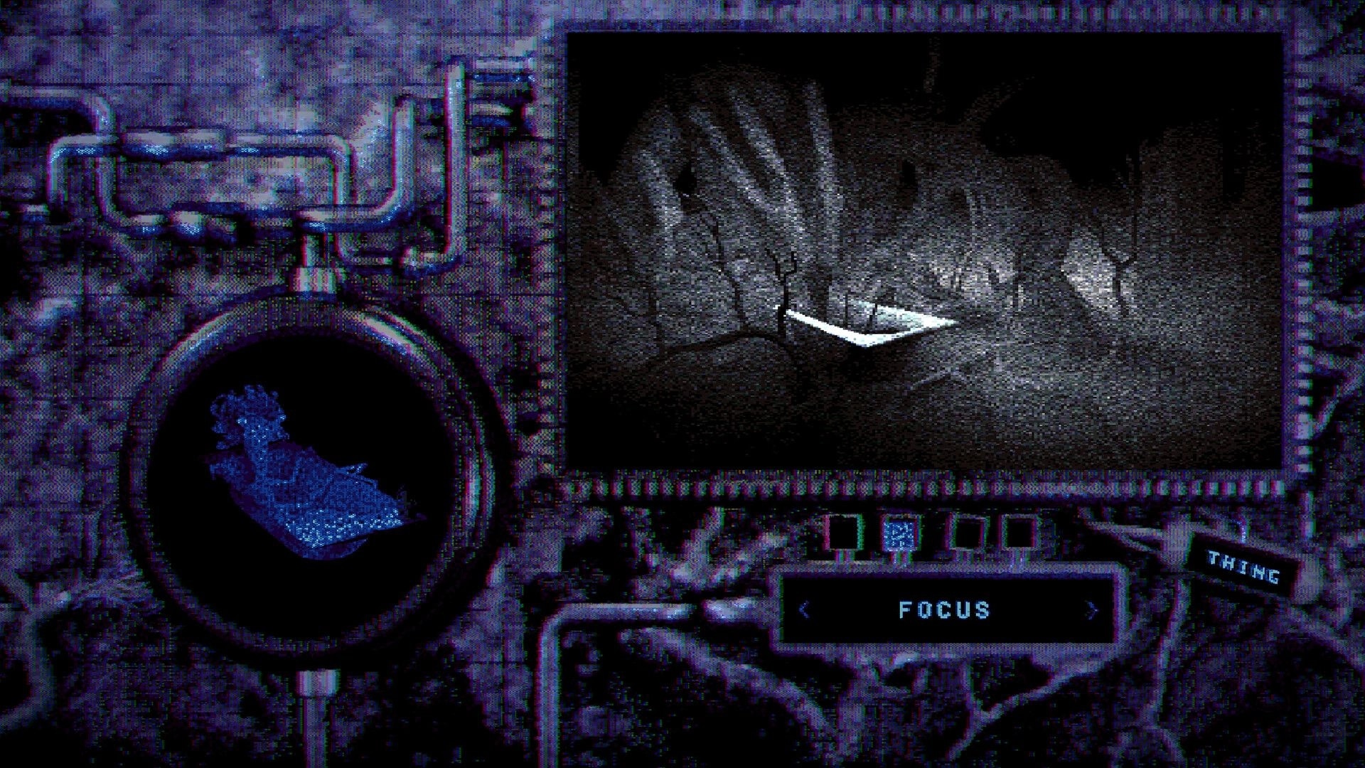 The House Before: Grainy monitor view of a dark forest path, with FOCUS prompt and blue heart icon UI.