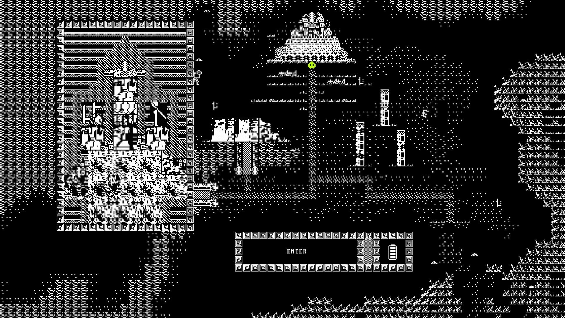 The House Before: Exploring monochrome cave ruins with tall pillars and an ENTER prompt at bottom.