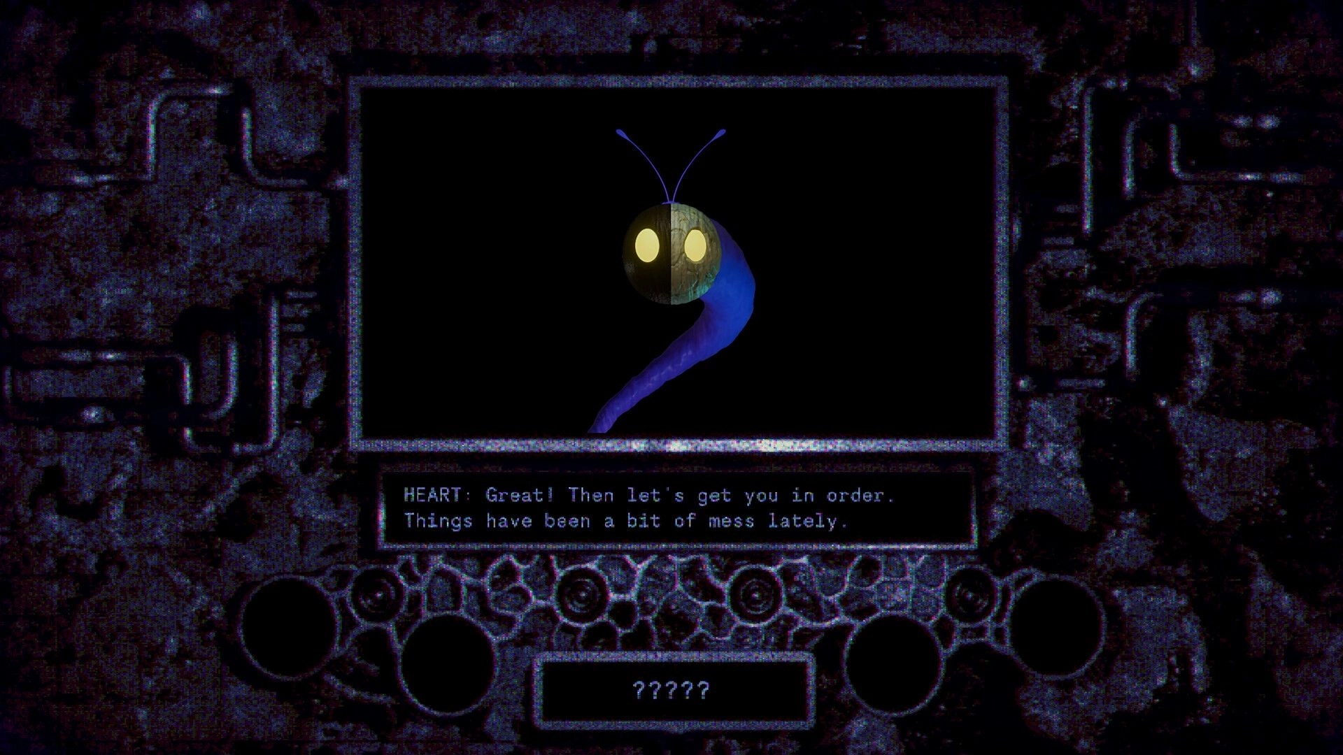 The House Before: Dialogue with HEART beside a glowing-eyed worm in a dark, grainy UI panel.