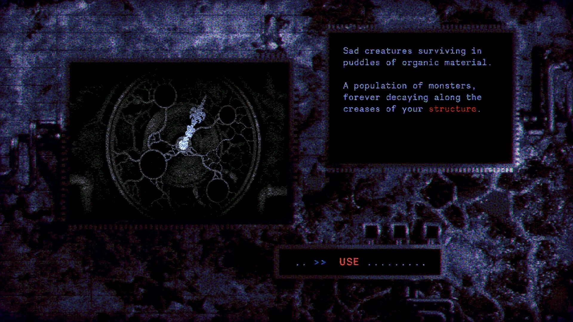 The House Before: Circular map view with text panel and USE prompt over fleshy tunnel backdrop.