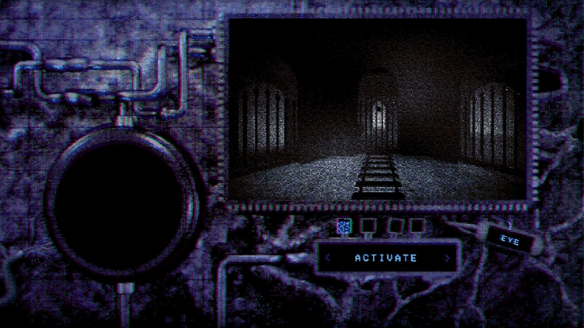The House Before: Activate button under monitor view of dark tunnel with bars and tracks in pipes room.