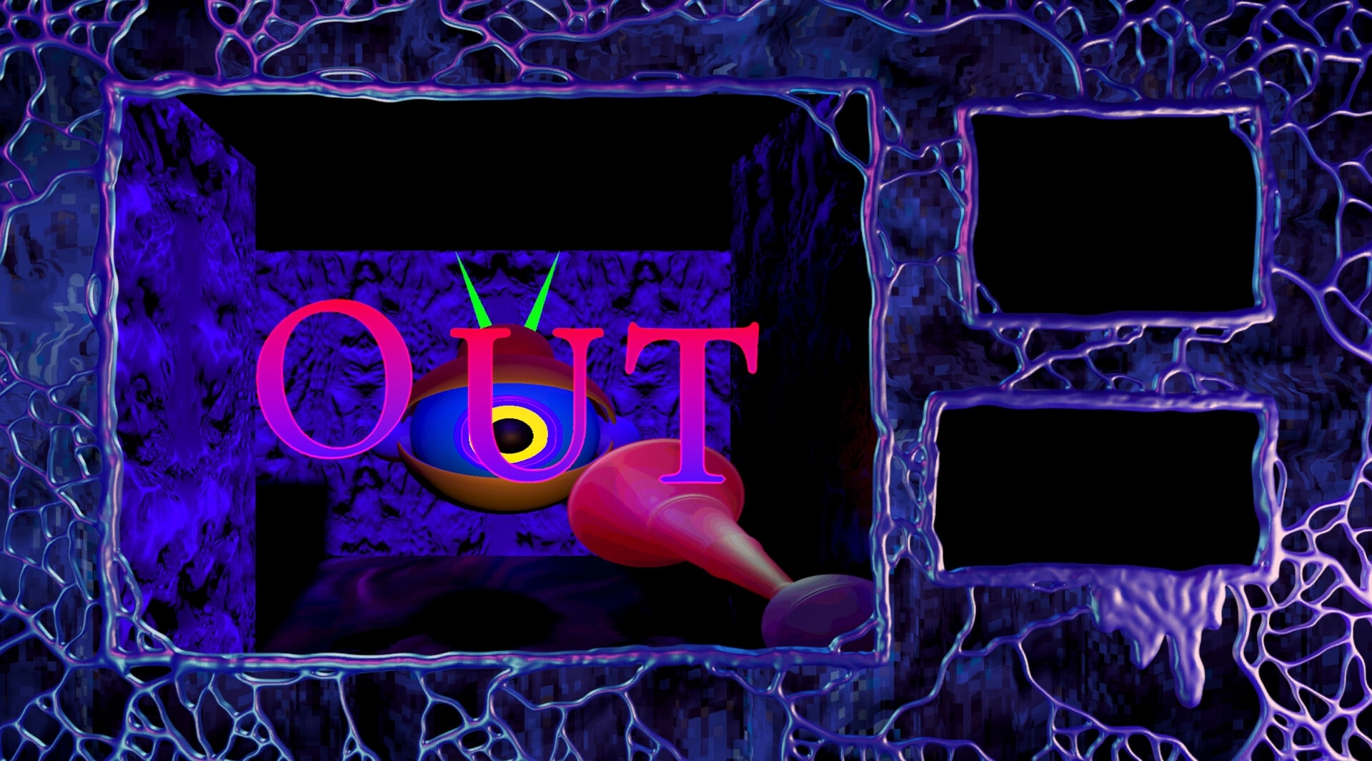 The House Before: Large pink OUT text over a floating eye and tongue in purple fleshy tunnel UI frame.