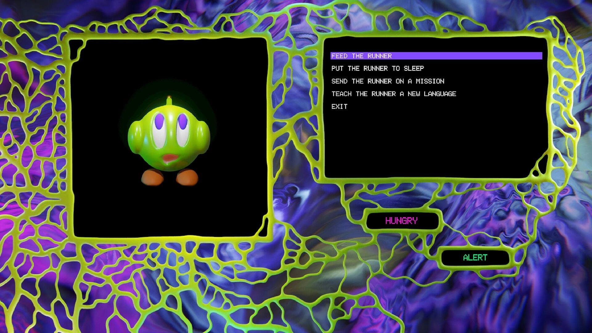 The House Before: Runner care menu with options and a green creature portrait in fleshy UI frame.