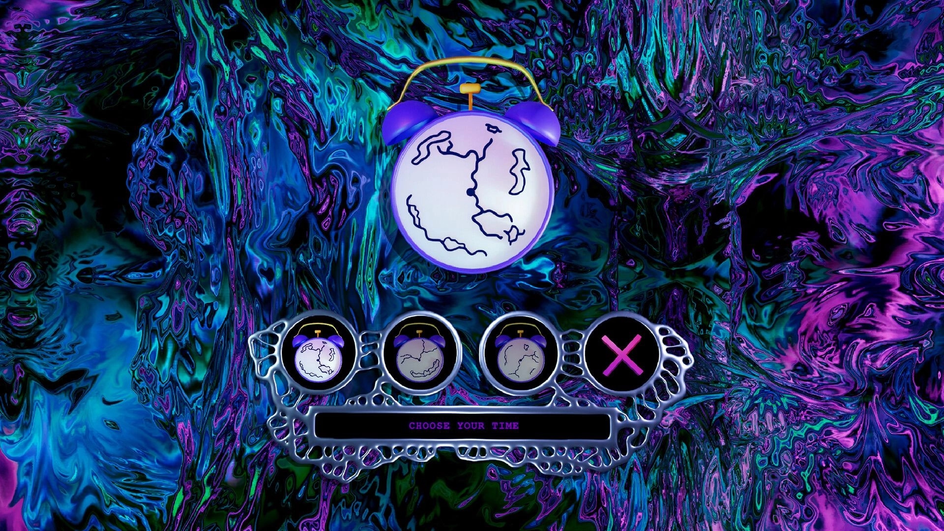 The House Before: Choose your time menu with cracked clock icons over swirling neon cave backdrop.