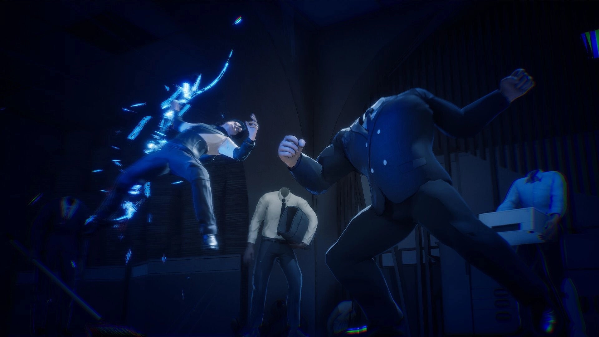 The Internal: Blue-glowing strike launches a suit-wearing enemy in a dark office corridor scene.