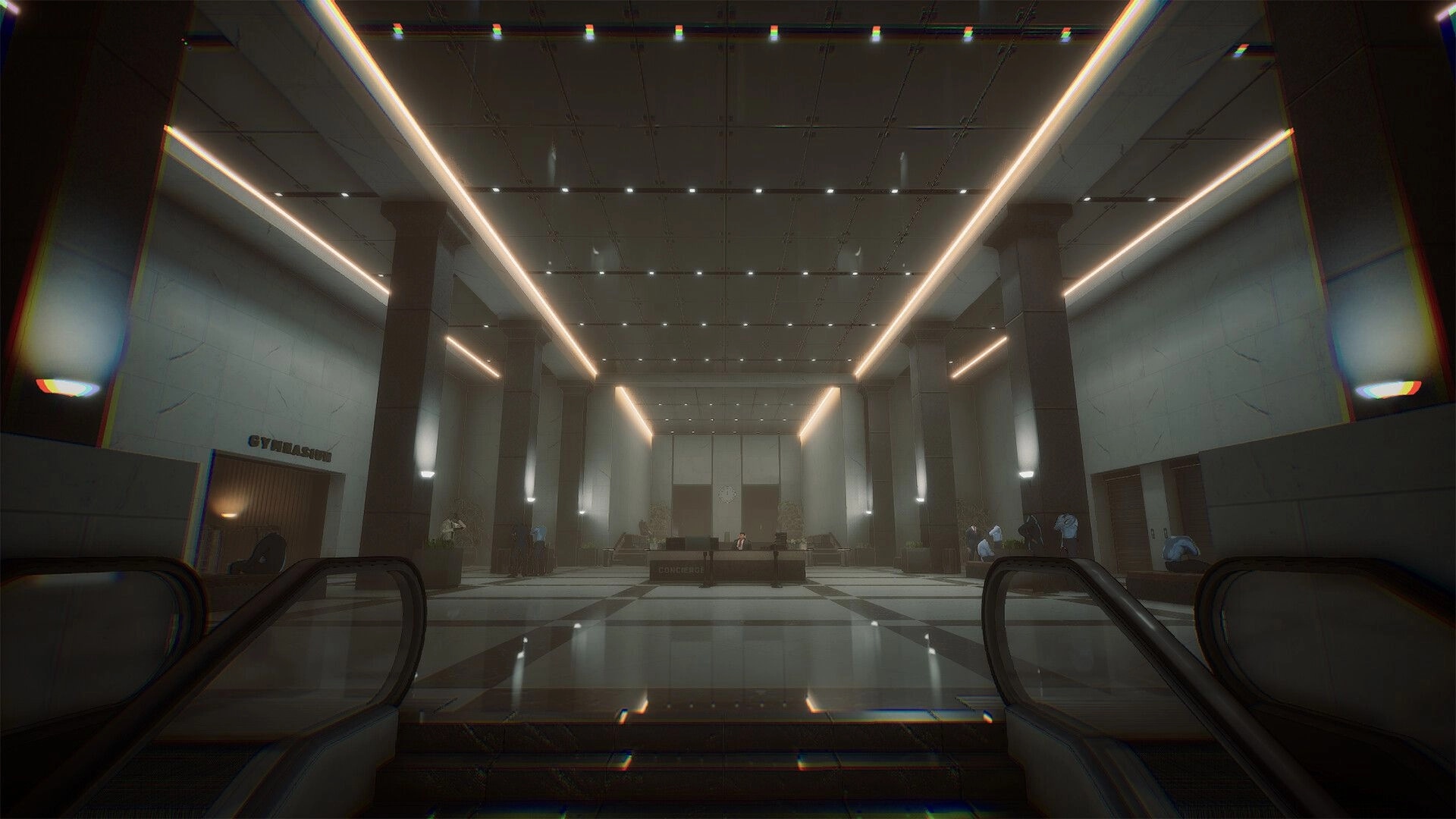 The Internal: Escalator view into a vast lobby with concierge desk, pillars, and idle NPCs.