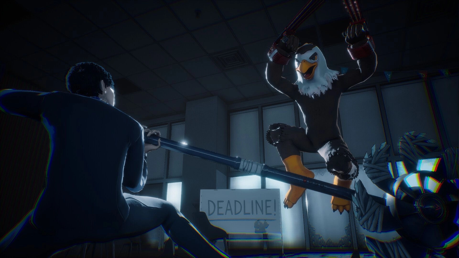 The Internal: Eagle-headed enemy lunges at suited worker in office arena beside DEADLINE sign.