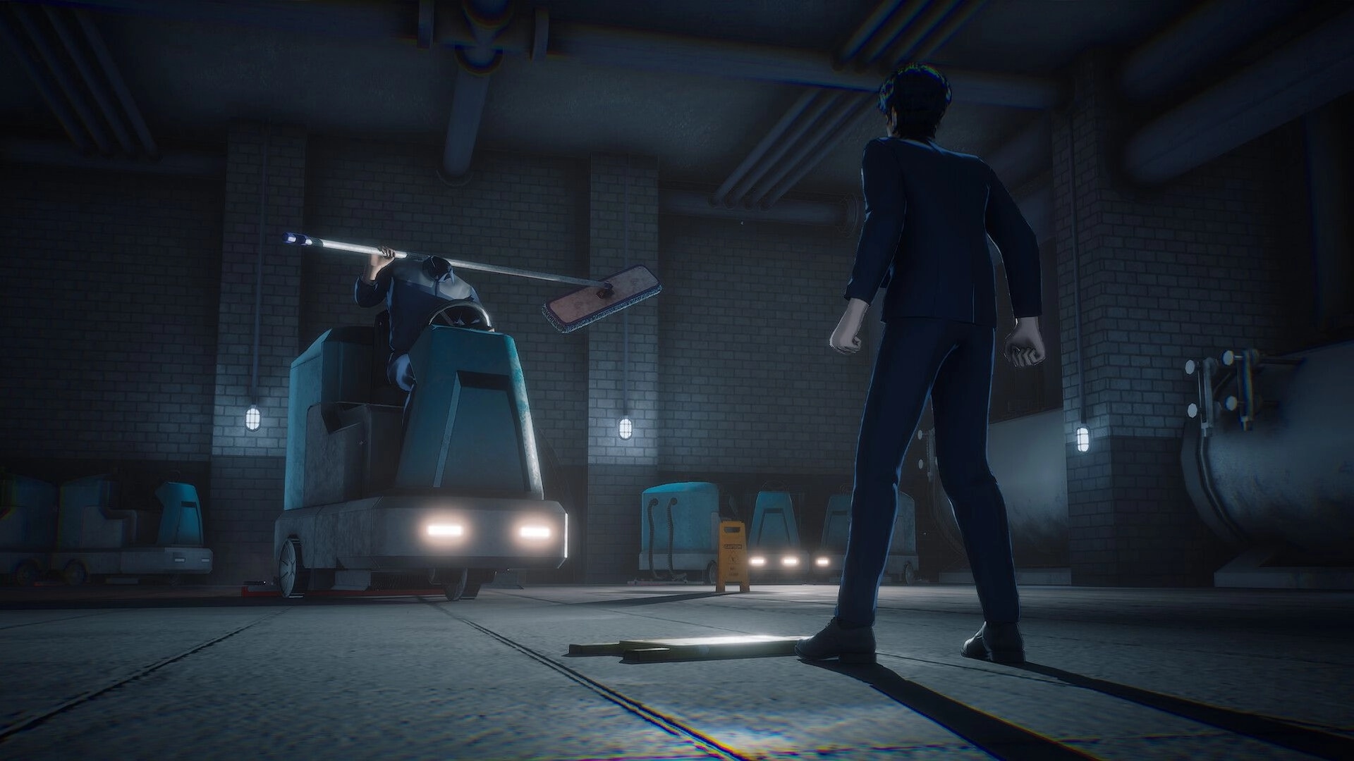 The Internal: Office worker faces a floor scrubber vehicle enemy in a dim brick utility room.
