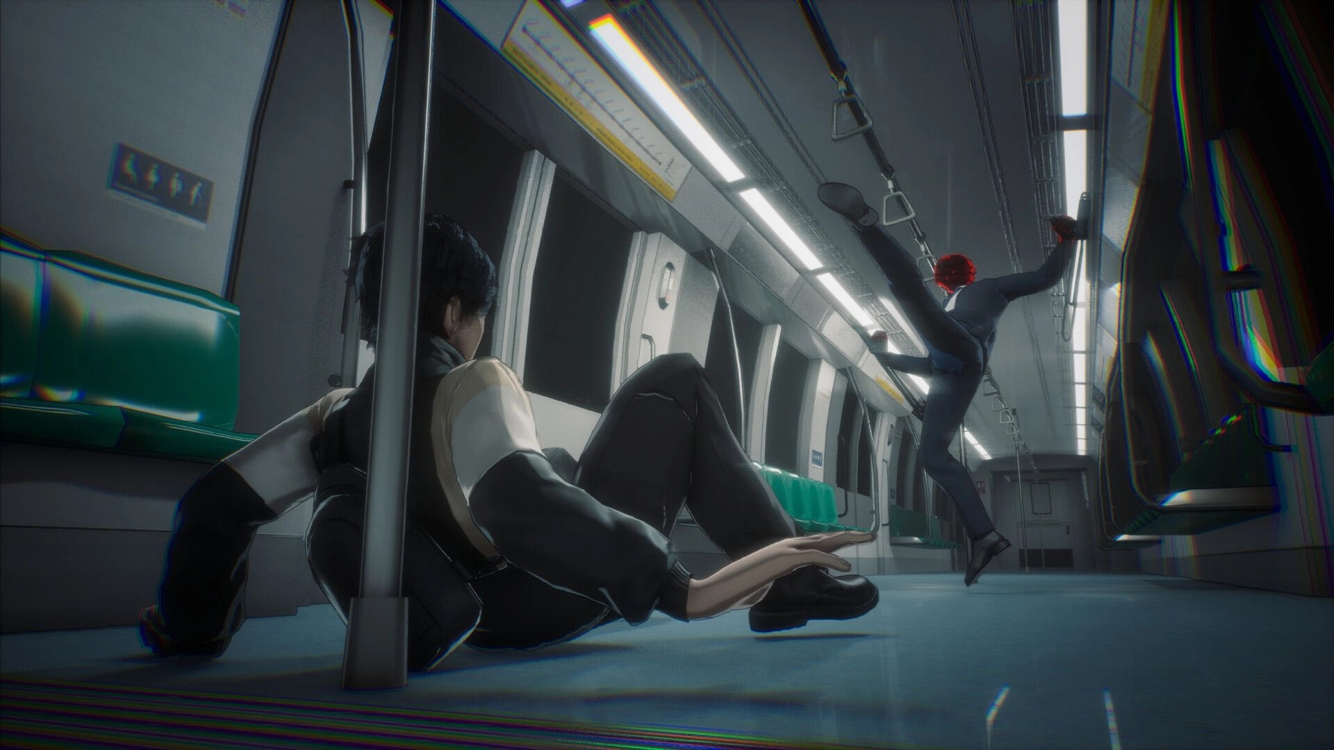 The Internal: Subway car fight with one rider on the floor as a suited attacker kicks down aisle.