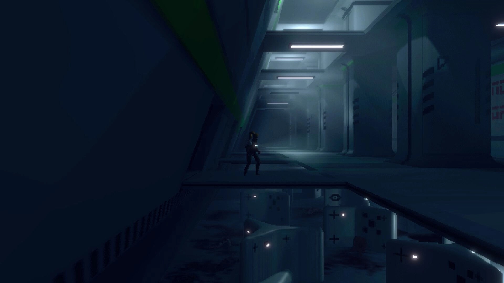 THE IRONY: Nameless mercenary explores dimly lit corridor in an eerie, futuristic research facility