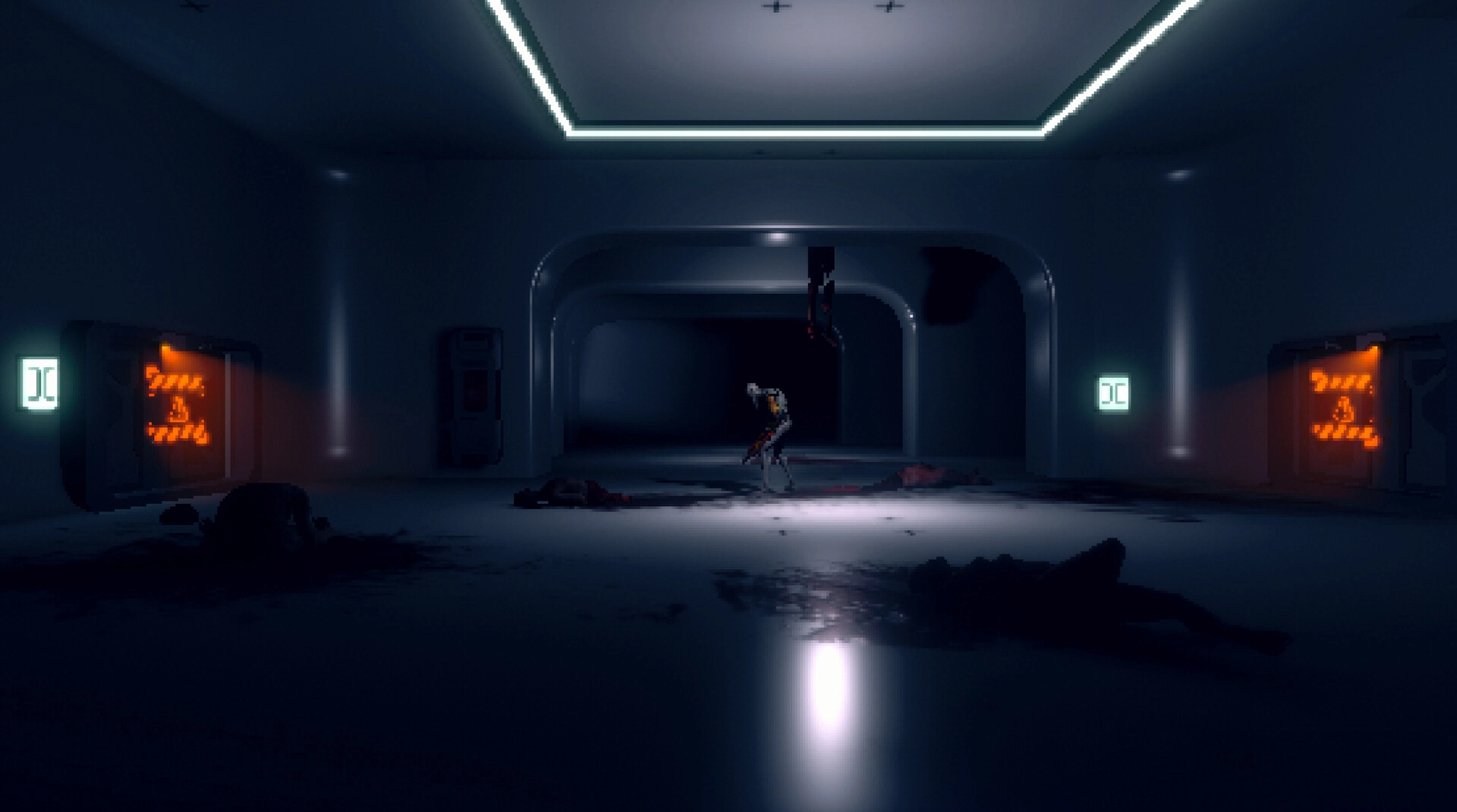 THE IRONY: A lone mercenary navigates a dark corridor with eerie red signs at UNDERDOG CORP. facility.