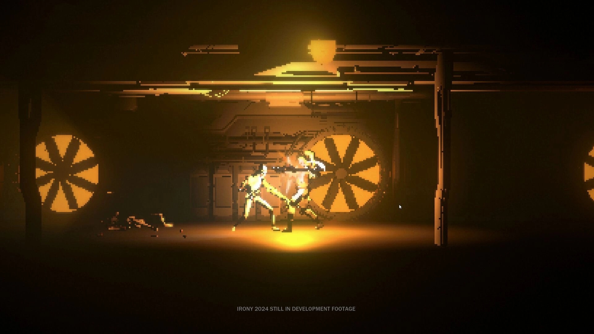 THE IRONY: Mercenary battles humanoid creature in dimly lit facility with large spinning fan