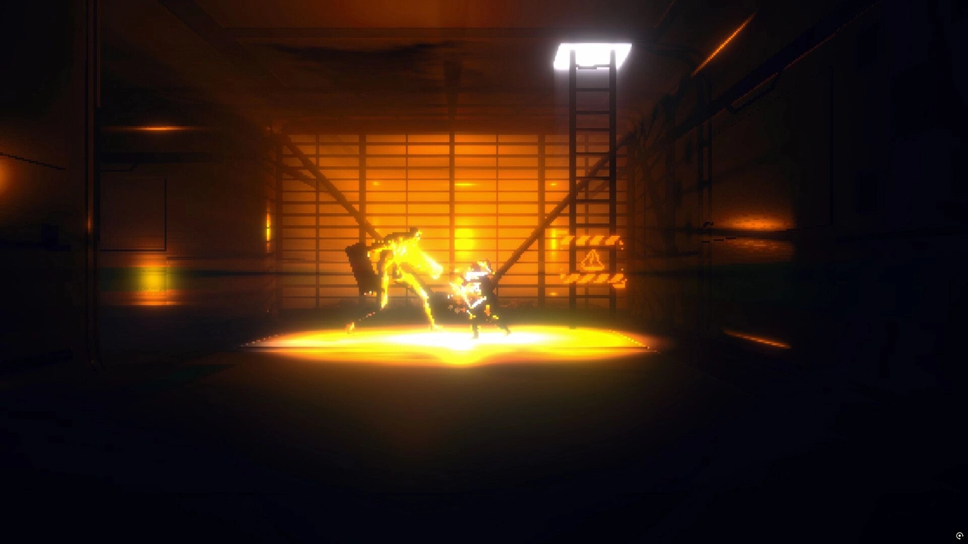 THE IRONY: Intense combat between mercenary and glowing creature in dimly lit facility corridor
