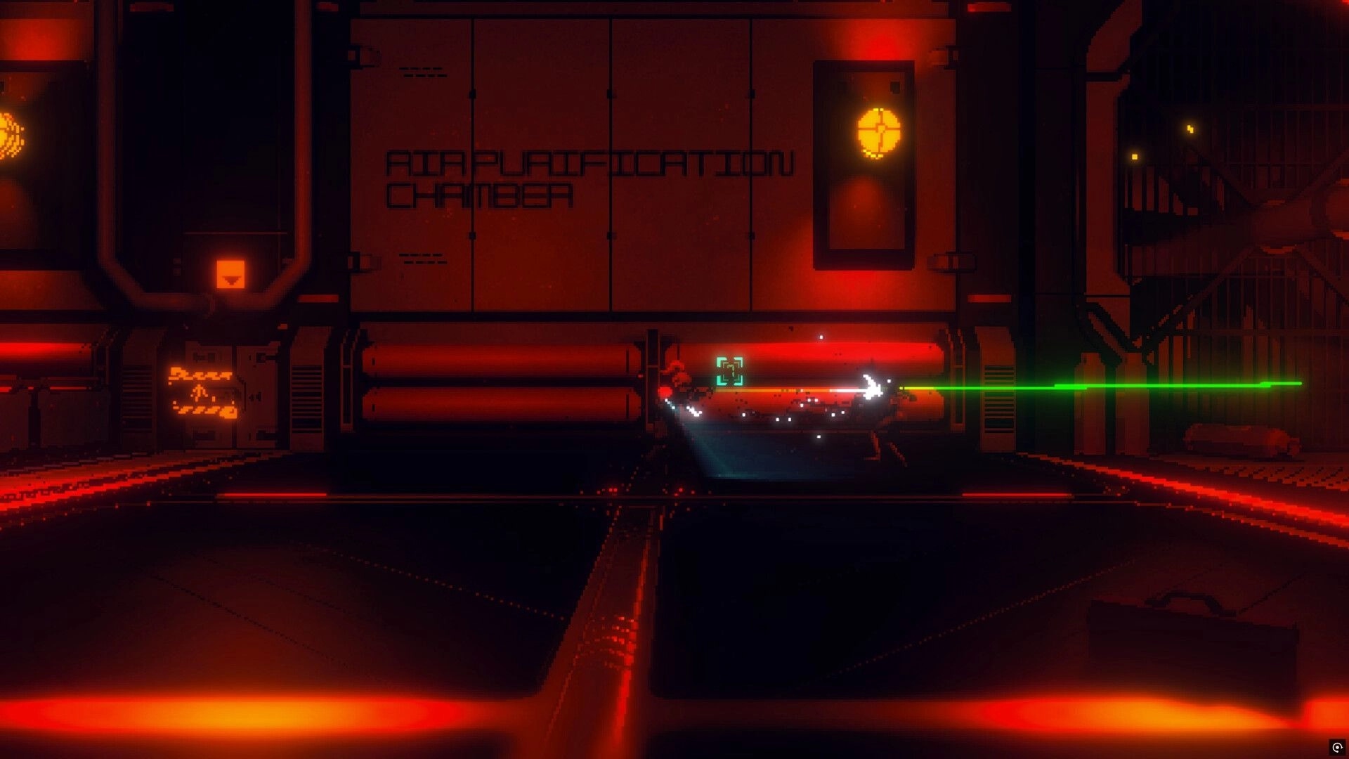 THE IRONY: Intense combat in red-lit purification chamber with green laser firing across the screen