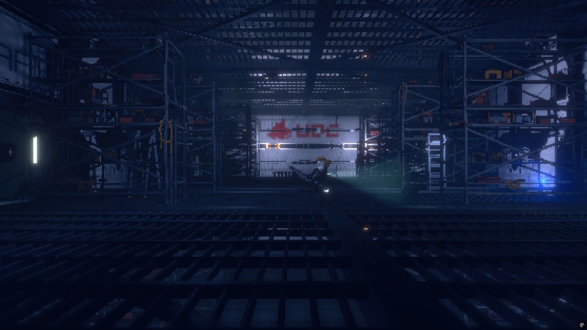 THE IRONY: Mercenary running through dimly lit industrial facility with scaffolding and eerie shadows
