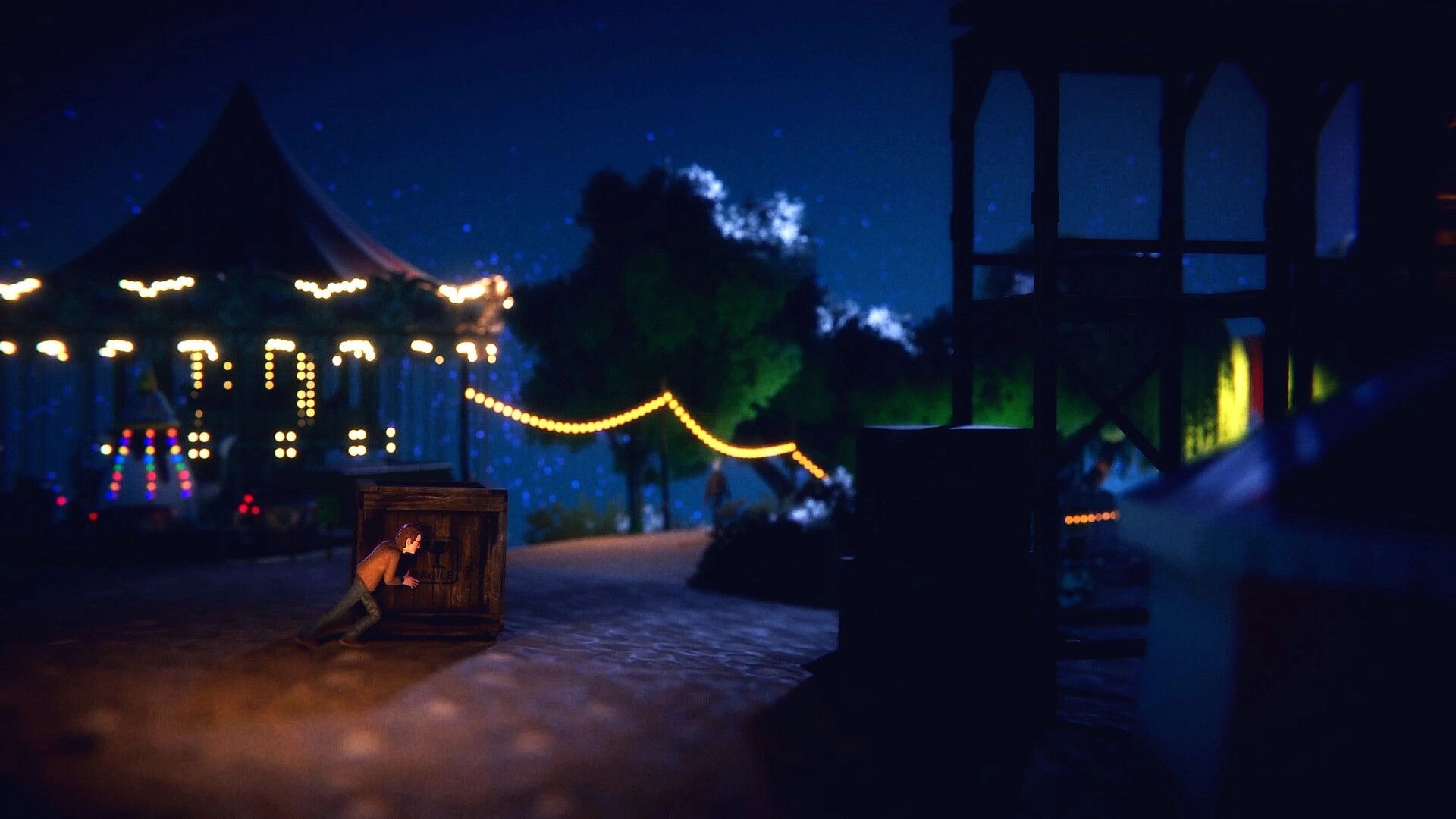 The Journey Home: Boy pushing a wooden crate along a pier at night beside a lit carnival tent.