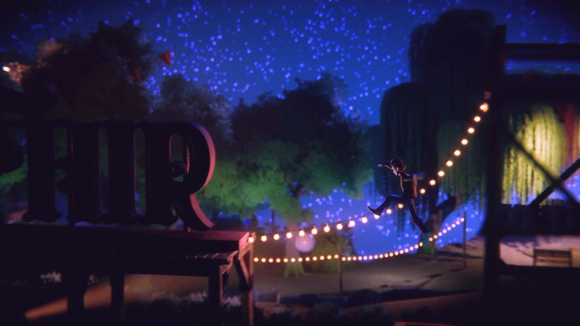 The Journey Home: Player character jumps across string lights between rooftops under a starry sky.