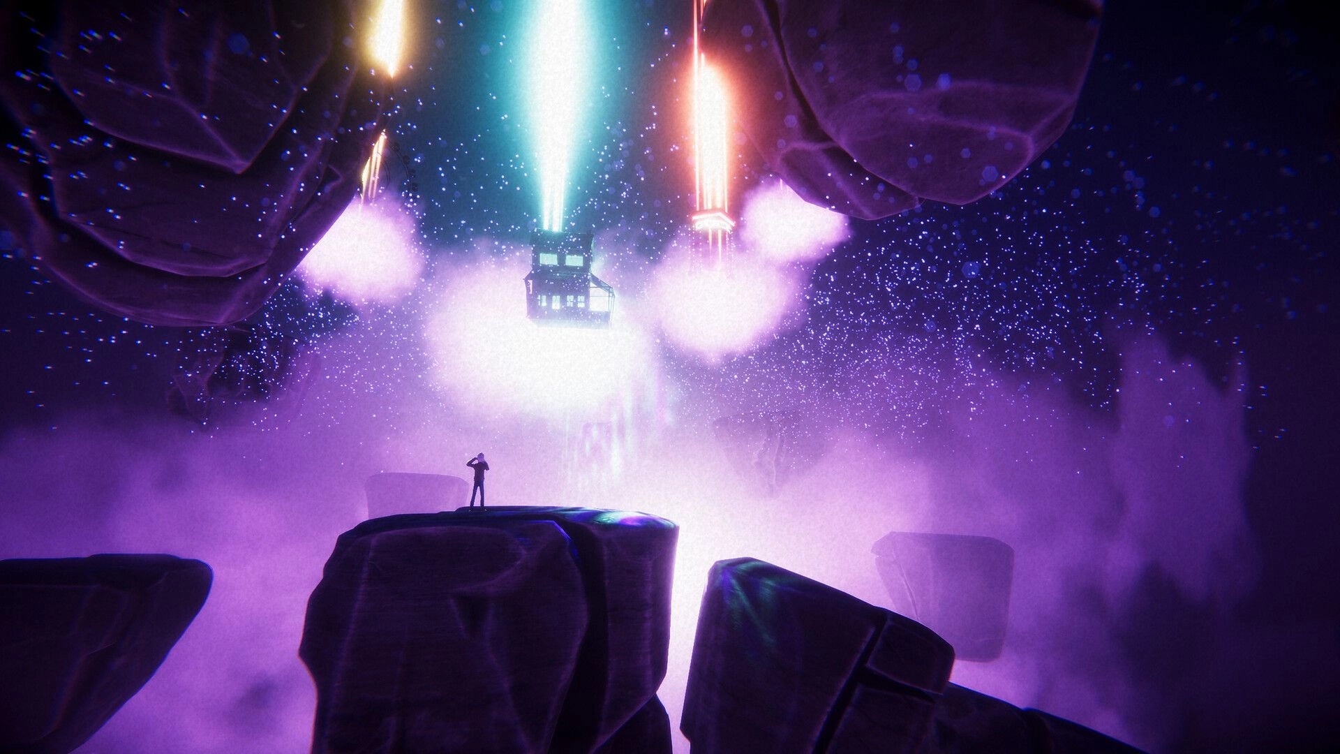 The Journey Home: Lone figure on cliff gazing at floating house amid neon beams and purple star fog.