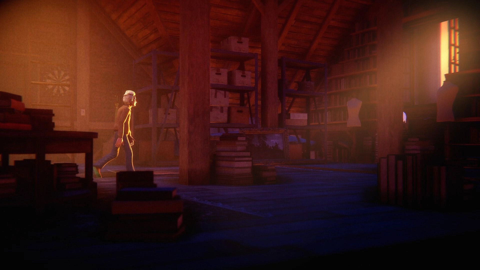 The Journey Home: White-haired character walks past shelves and boxes in a dusty attic lit by sun.