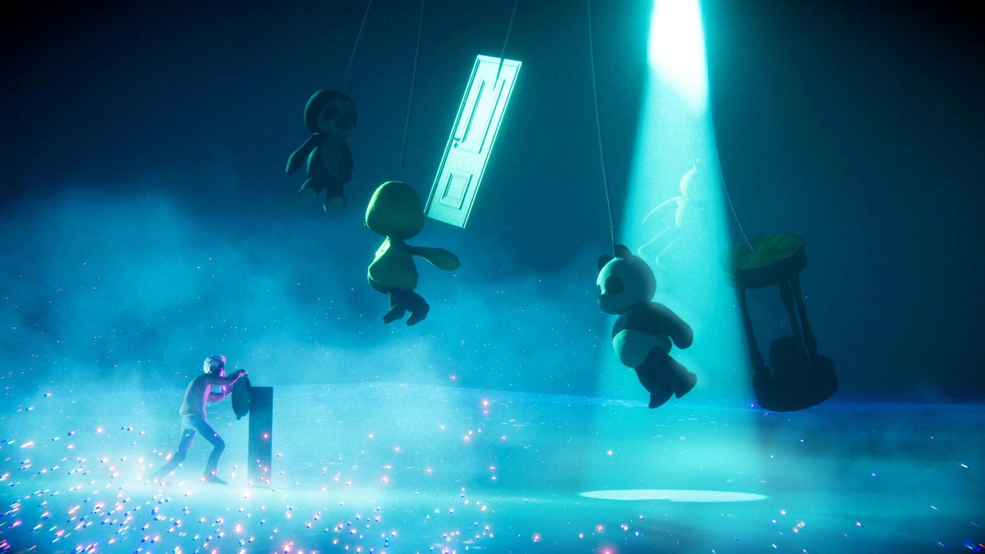 The Journey Home: Player pushes a wheel as stuffed toys float near a door in a blue dream void.