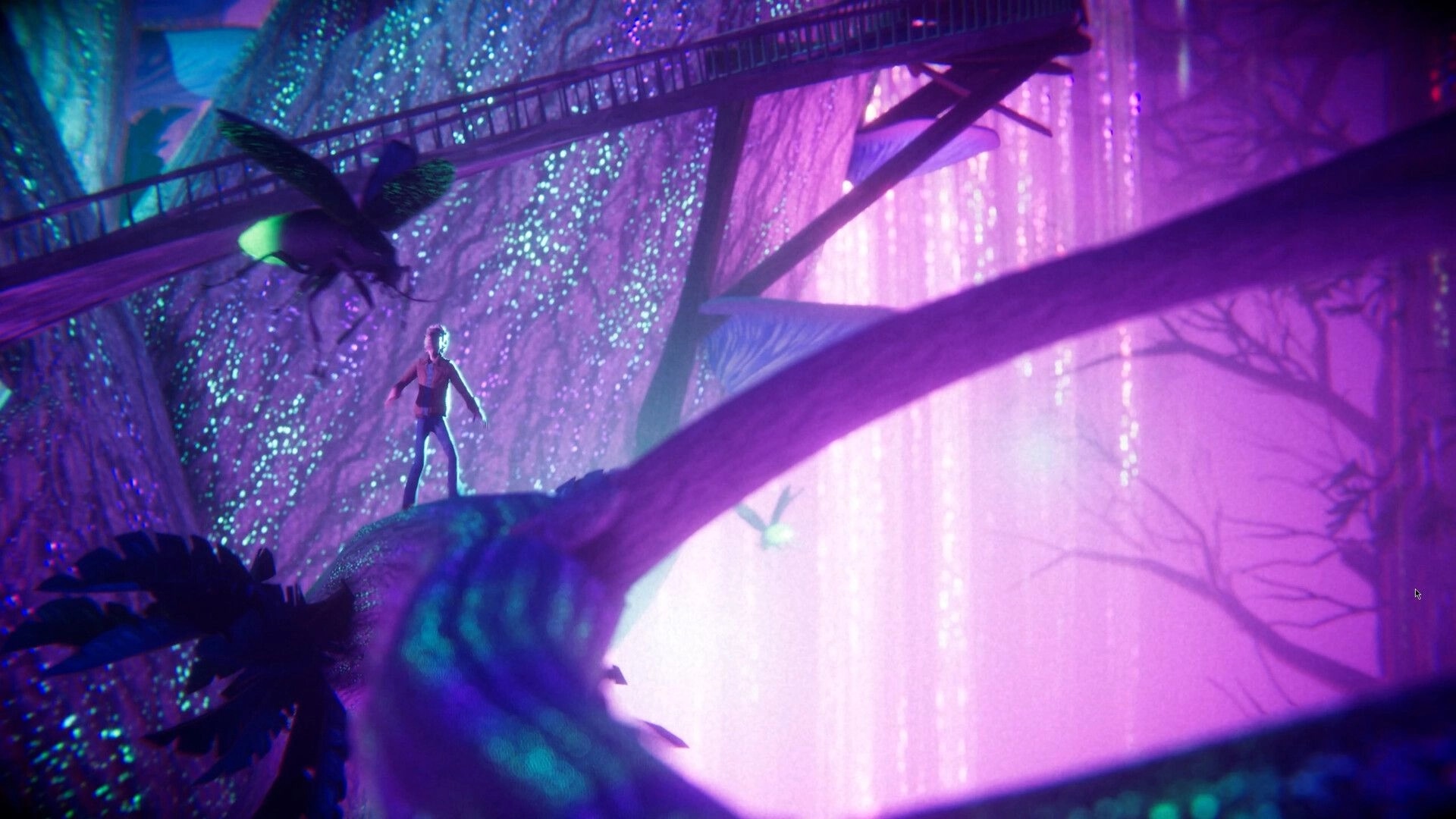 The Journey Home: Lone character on a glowing branch as a giant bee flies through a purple forest cavern.