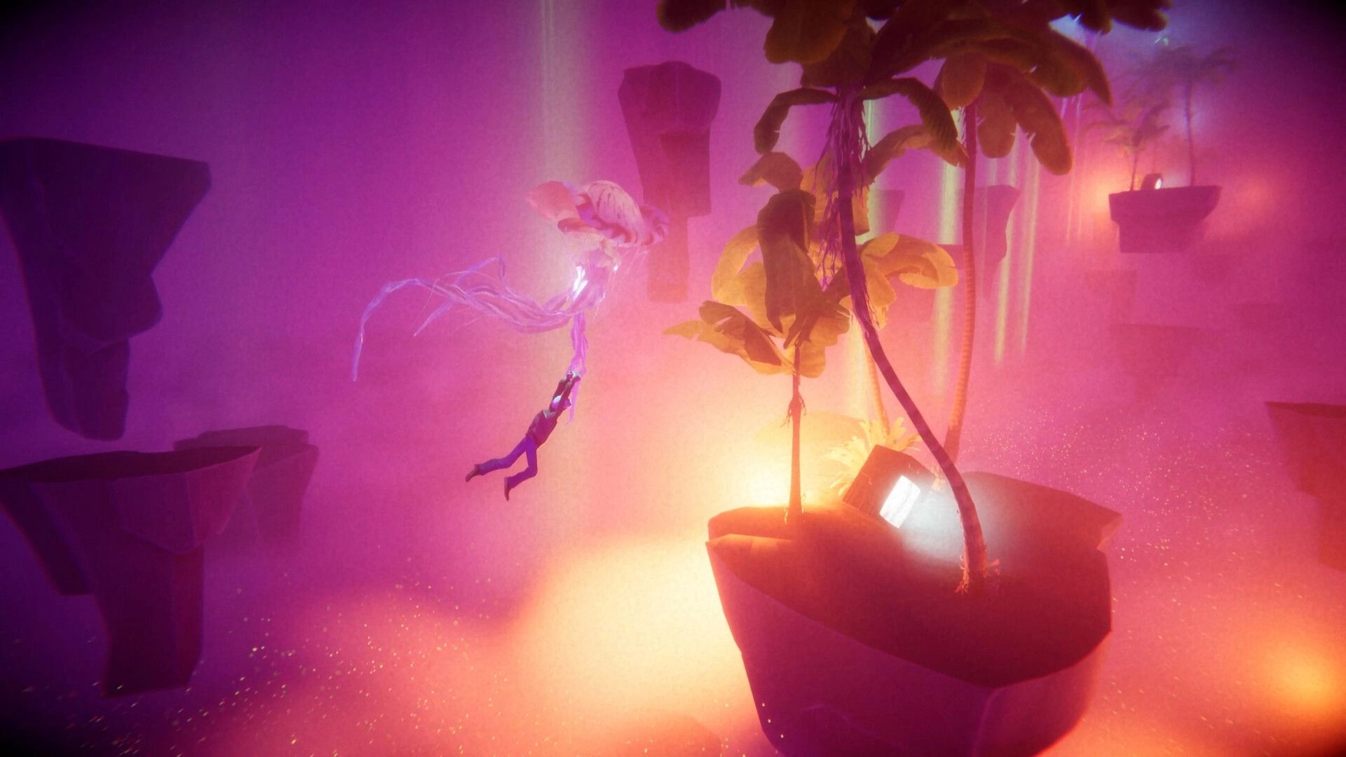 The Journey Home: Character floats toward a glowing spirit in a neon mist over floating islands.