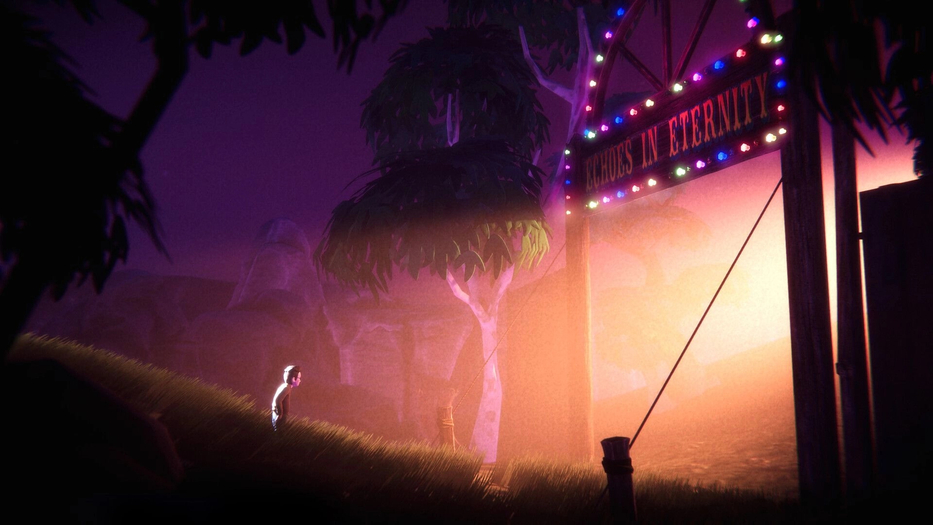 The Journey Home: Boy walks uphill past lit carnival sign in misty purple forest at sunset.