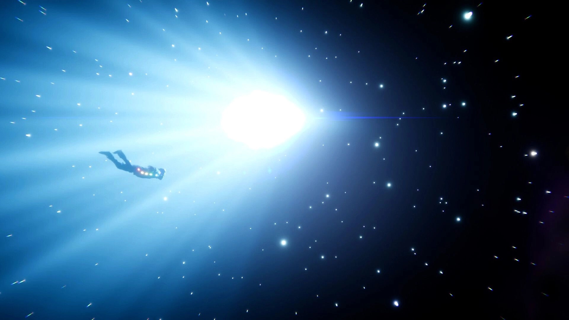 The Journey Home: Silhouetted diver floats toward a blinding light in a star-filled blue void.