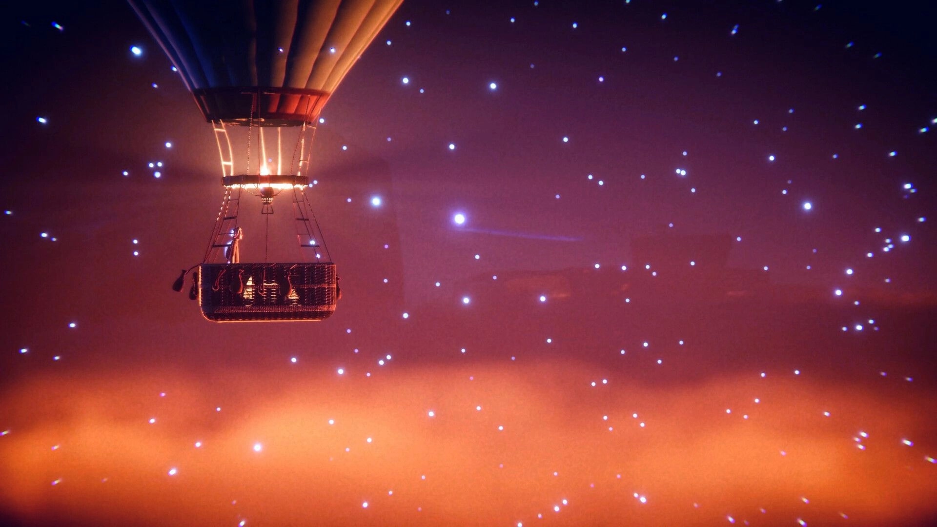 The Journey Home: Hot air balloon basket drifting through glowing mist under a starry sky backdrop.