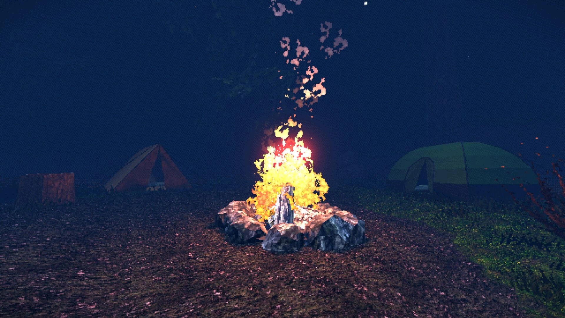 The Kept Fire: Campfire burning in a stone ring between tents on a foggy nighttime campsite.