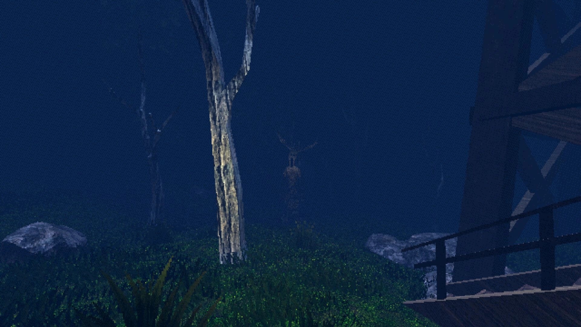 The Kept Fire: Foggy night forest with bare trees and rocks beside a wooden cabin porch railing.