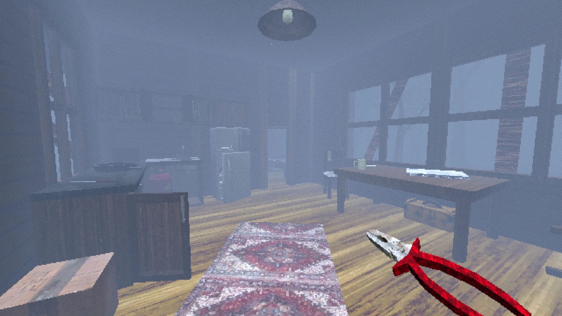 The Kept Fire: First-person view holding red bolt cutters inside a foggy room with tables and fridge.