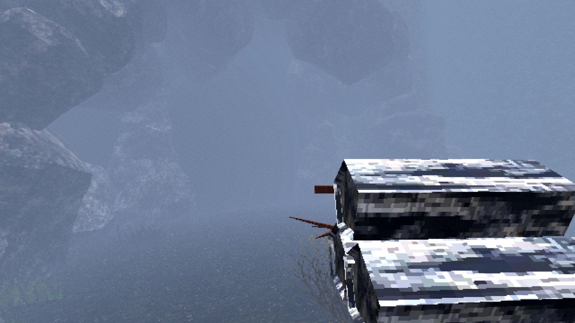The Kept Fire: First-person view on snowy wooden steps overlooking a foggy mountain ravine.